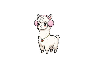 Fototapeta premium Cute Cartoon Alpaca Character With Fuzzy Pink Earmuffs And Heart Necklace Standing On White Background, Adorable Design For Kids' Illustrations, Vector Illustration