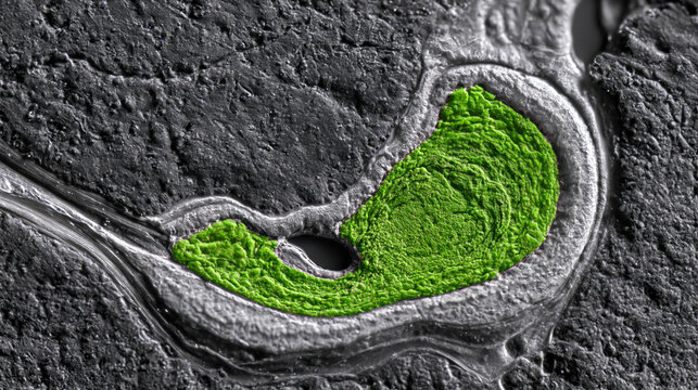 Coiled Green Spiral Parasite on Grey Clinical Microscope Slide as Scientific Envy Concept