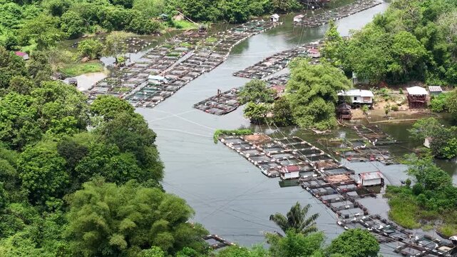 Aerial view of fish ponds in the Riam Kanan reservoir waters area