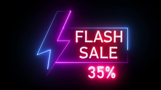 Neon flash sale discount promotion sign with lightning bolt symbol and 35 percent off text in
