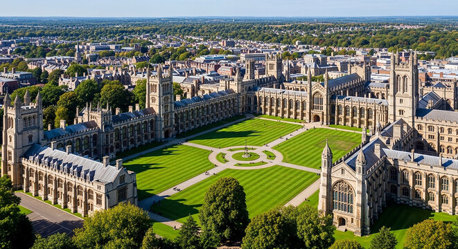 Aerial view of a historic university campus with green lawns and old stone buildings