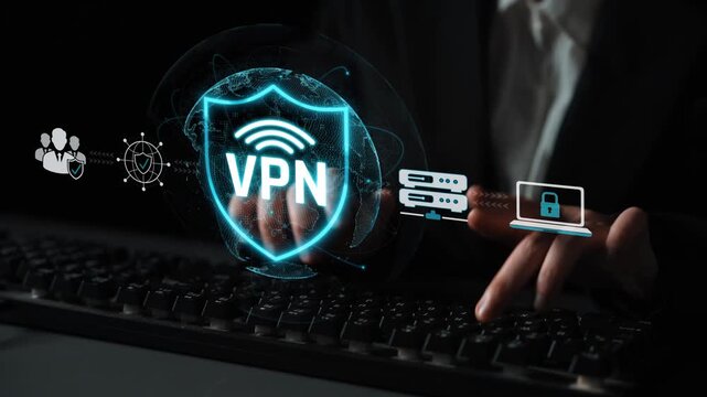 Modern Cybersecurity Concept Featuring VPN Technology with Digital Shield, Network Symbols, and Data Protection Elements Sigmoid