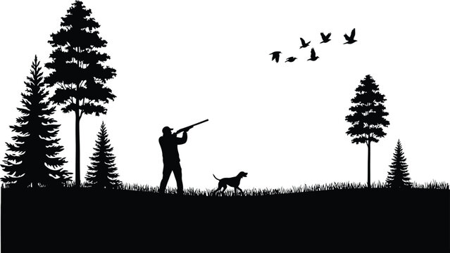 Silhouette illustration of a hunter with a dog standing in a forest landscape while shooting at flying birds