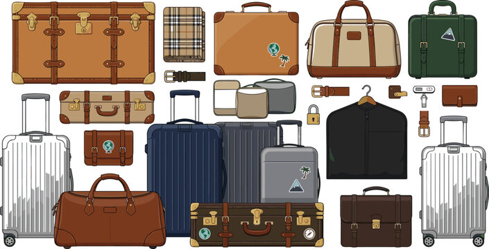 Vintage and modern luggage vector illustration collection featuring suitcases travel bags and trunks for tourism branding flight marketing and retail ecommerce templates