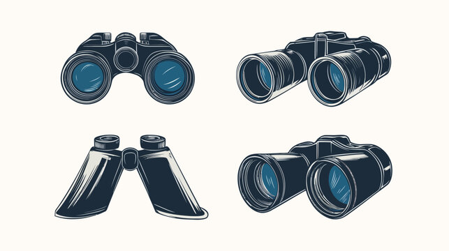 Illustration of four different viewpoints of binoculars. Dark blue bodies, teal lenses, and white background