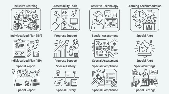 Inclusive education and accessibility services icons set.