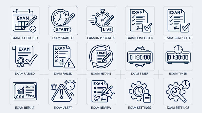 Set of 15 hand drawn exam and testing line icons.