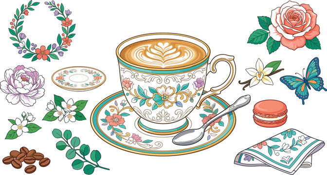 Vintage floral coffee cup vector illustration set featuring latte art porcelain teacup rose wreath macaron and butterfly elements for high-end cafe branding commercial marketing and scrapbooking