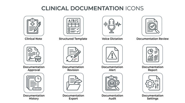 Set of Clinical Documentation Icons for Healthcare and Medical Record Systems.