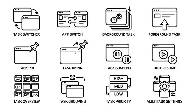 Set of computer task management and multitasking process line icons.