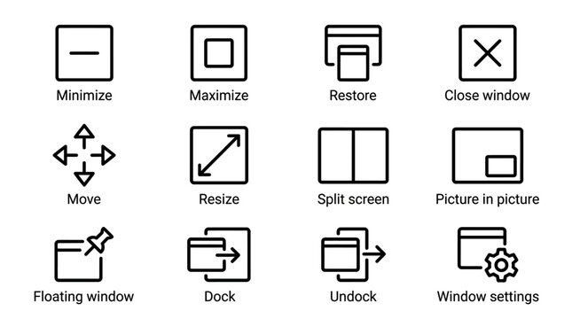 Set of computer window management interface icons.