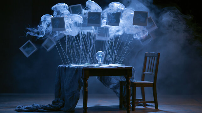 Jellyfish and Floating Polaroids Drift Above Table in Blue Surreal Dream Scene