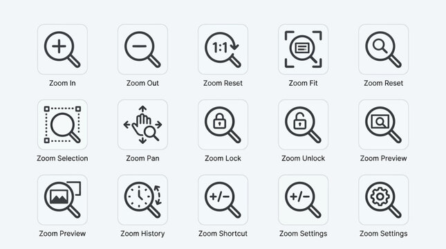Set of fifteen thin line vector zoom and magnification interface icons.