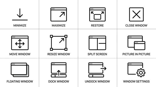 Set of computer window management icons and interface elements.