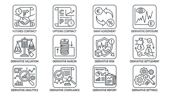 Set of financial derivatives icons for business and finance analysis.