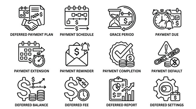 Set of financial payment and deferred billing outline icons.