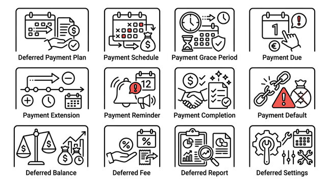 Set of financial payment and deferred payment line icons.