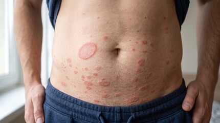 Naklejka premium Midsection of man torso showing multiple red circular plaques of pityriasis rosea