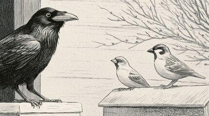 Obraz premium Raven confronts two sparrows on stone ledge in graphite fable of social hierarchy