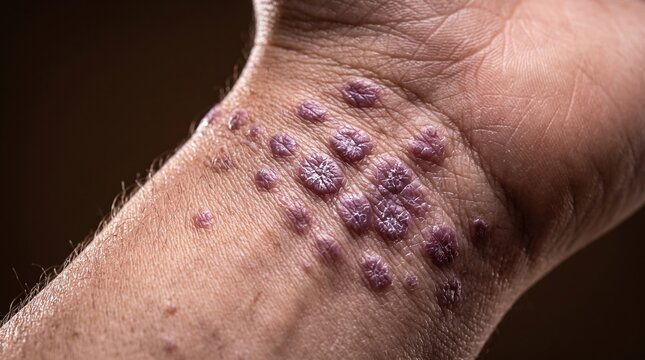 Close up of hand wrist with purple polygonal papules from lichen planus