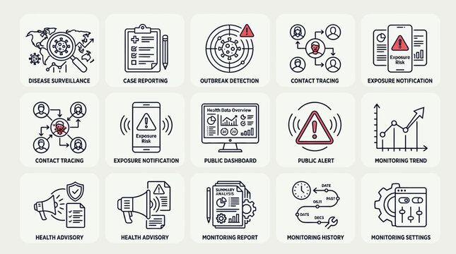 Set of disease surveillance and public health monitoring icons.