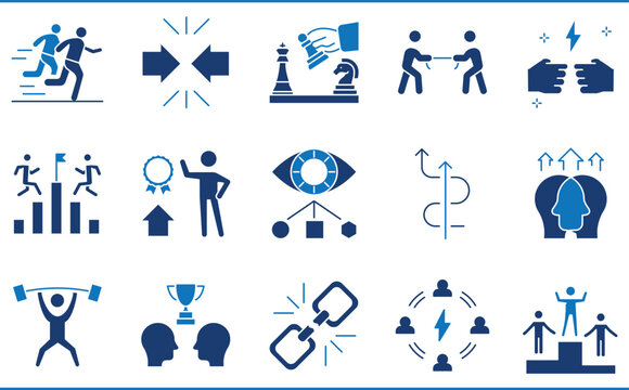 A set of icons related to Competition. Challenge, game, chess, win, competitors, run, struggle, vision, and so on.