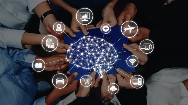 A visual representation of collaboration and technology, showing diverse hands interacting with a digital brain concept, symbolizing ideas and innovation in today society. Raster