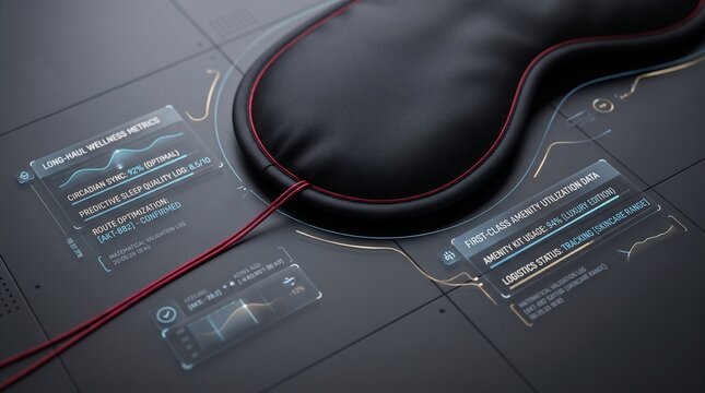 Sleep mask featuring red stitching lies on a dark surface while futuristic holographic analytics track circadian rhythm data and biometric recovery metrics for luxury travel hospitality optimization.