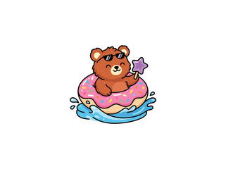 Joyful Brown Bear Cub With Cool Sunglasses Enjoying A Ride In A Pink Sprinkle Donut Floatie On Wavy Water Holding Purple Star Vector Illustration © ndomble