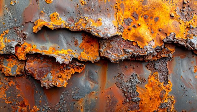 Close up abstract textured background of weathered, corroded metal surface showing layers of rust and peeling paint