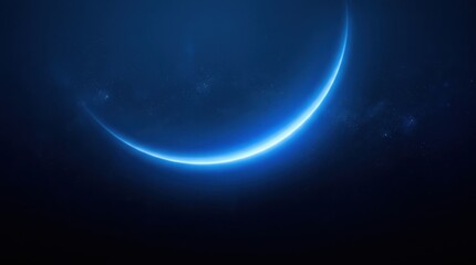 Obraz premium Glowing blue crescent light streak curving across a dark navy background with soft atmospheric haze and subtle particles in a deep space aesthetic