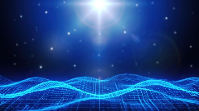 Glowing blue digital landscape with a bright light source above featuring a wavy grid pattern of particles and lines against a dark background with scattered bokeh dots