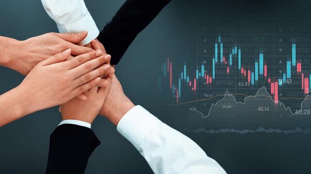 A diverse group of hands coming together symbolizes teamwork and collaboration over a financial data chart, representing growth and investment opportunities in business. Raster