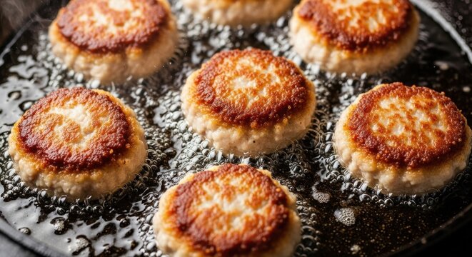 Golden Brown Potato Pancakes Frying in Pan.