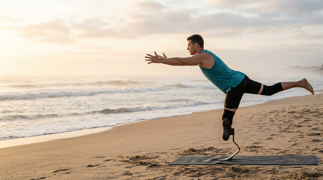 Man with disability performs yoga on beach, showing adaptive summer fashion, promoting active lifestyle