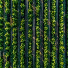 Fototapeta premium Aerial View of Lush Green Tree Plantation with Symmetrical Rows in Bright Sunlight