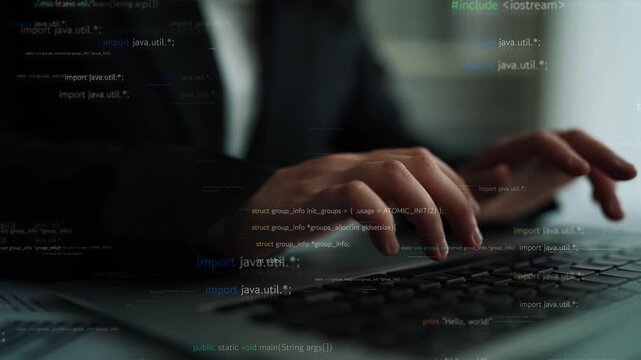 Close-up view of hands typing on a keyboard enveloped by lines of code, capturing the essence of technology, programming, and digital innovation in modern workspace. Xenic
