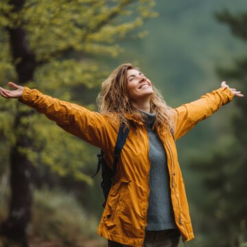 Happy Woman Wearing Yellow Raincoat Standing in Forest with Outstretched Arms