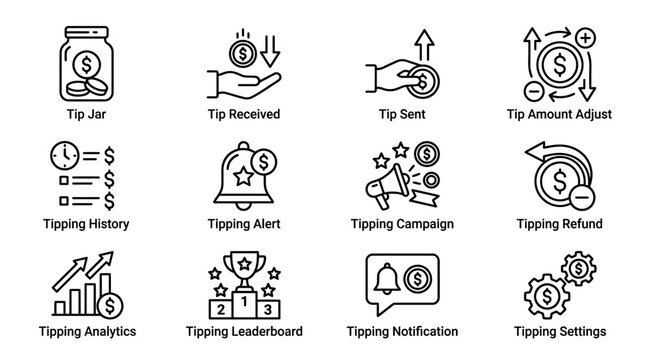 Set of Tipping and Gratuity Line Icons for Financial Apps.