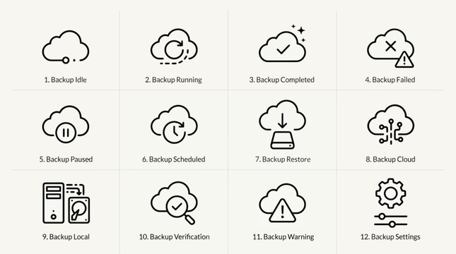 Set of twelve cloud backup and data storage outline icons.