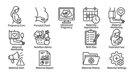 Fototapeta premium Set of maternity and pregnancy care line icons for healthcare and medical services.