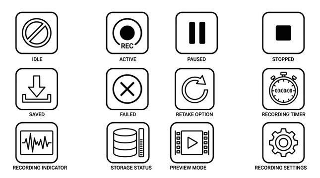 Set of recording status interface icons with labels.
