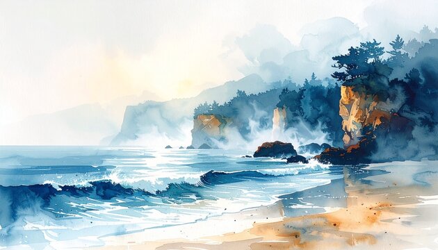Watercolor painting of a tranquil coastline at sunrise with misty mountains and shimmering ocean waves lapping a sandy beach