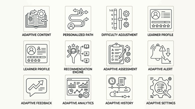 Set of twelve line art icons representing adaptive learning and personalized education technology concepts.