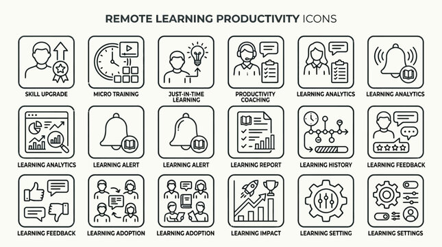 Set of Remote Learning Productivity Icons for Online Education.