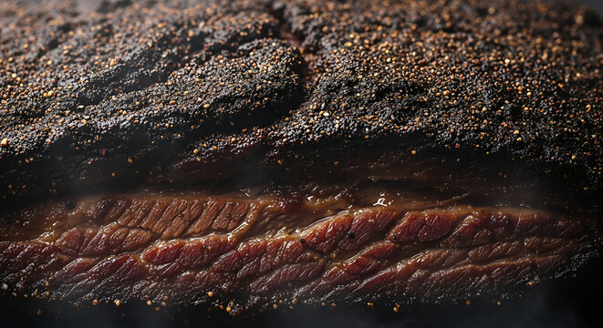 Close-up of Smoked Brisket with a Dark, Peppery Crust and Juicy Meat
