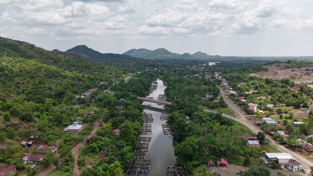 Aerial view of fish ponds in the Riam Kanan reservoir waters area
