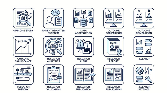 Set of scientific research and data analysis process icons.
