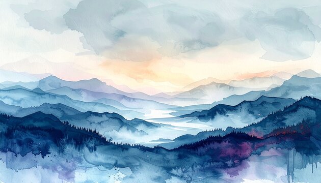 Serene Misty Mountain Landscape Watercolor Painting with Soft Sunrise Colors