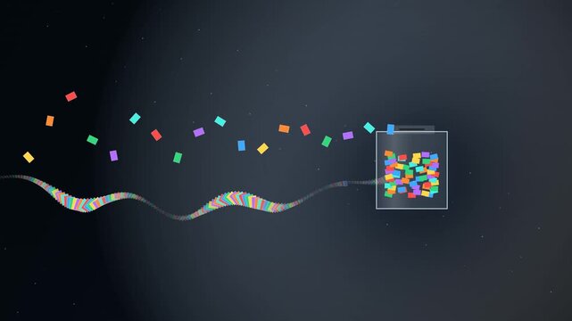 Abstract Animation with Colorful Data Stream Filling Transparent Collection Box 